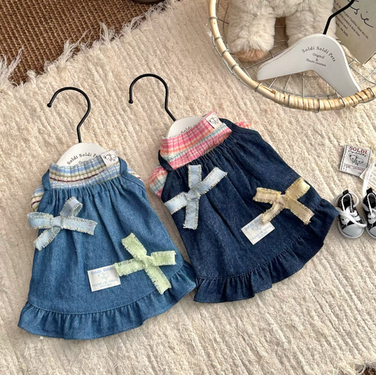 Japanese Denim Pet Pinafore Dress & Striped Base Shirt
