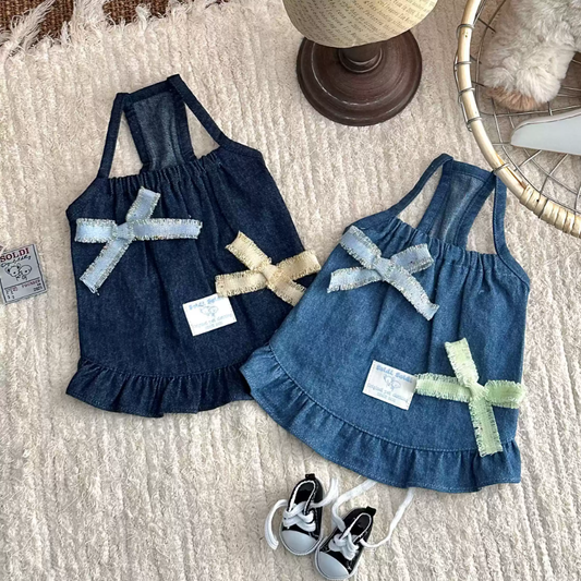 Japanese Denim Pet Pinafore Dress & Striped Base Shirt