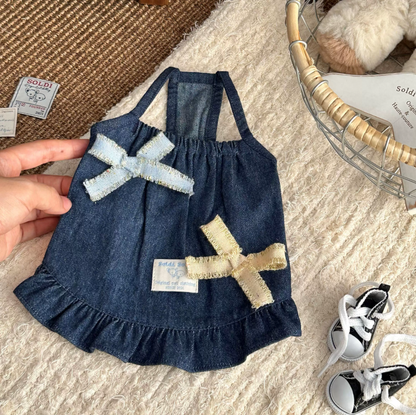 Japanese Denim Pet Pinafore Dress & Striped Base Shirt