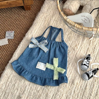 Japanese Denim Pet Pinafore Dress & Striped Base Shirt